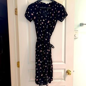 Black floral print midi-length wrap dress